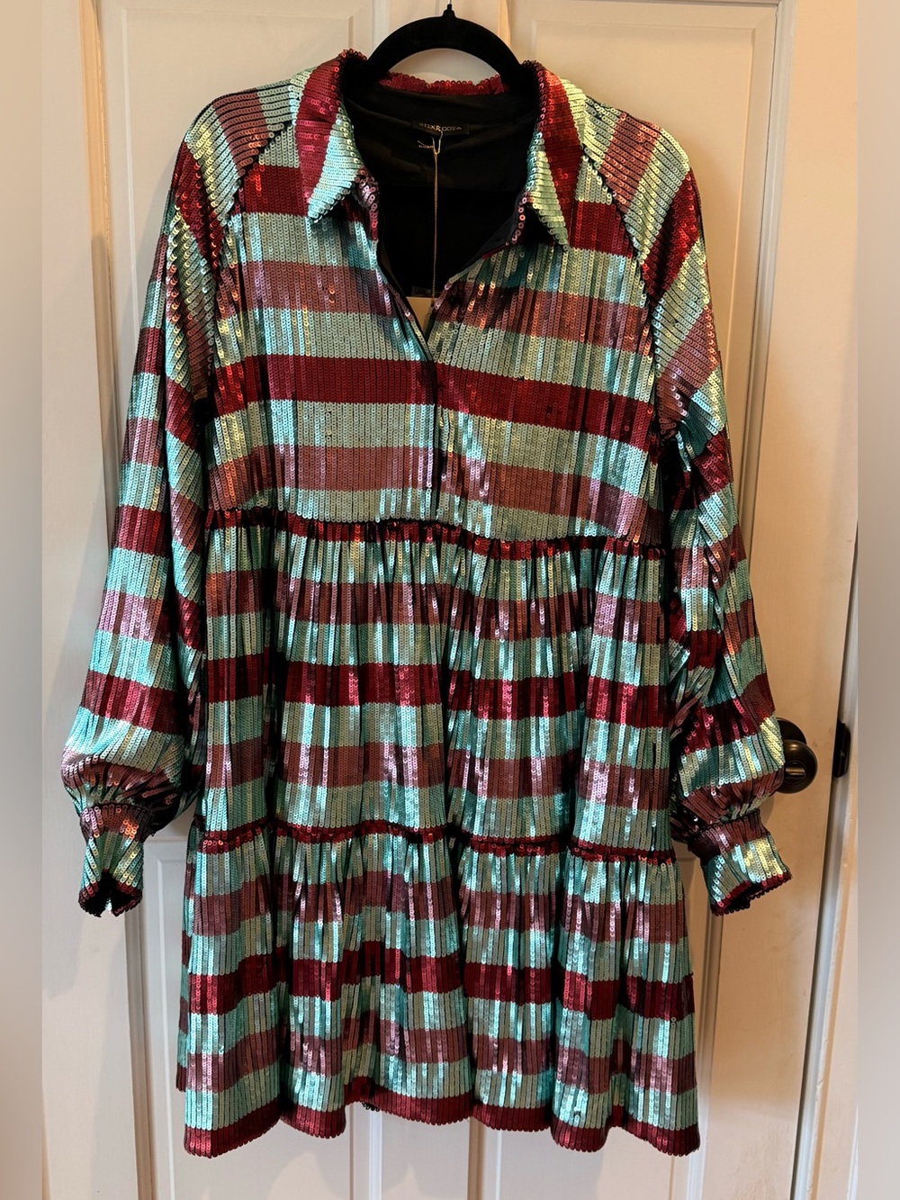 Stine Goya Sanni Sequin Mini Dress Aqua Rust Stripe Collared Long Sleeve NWT